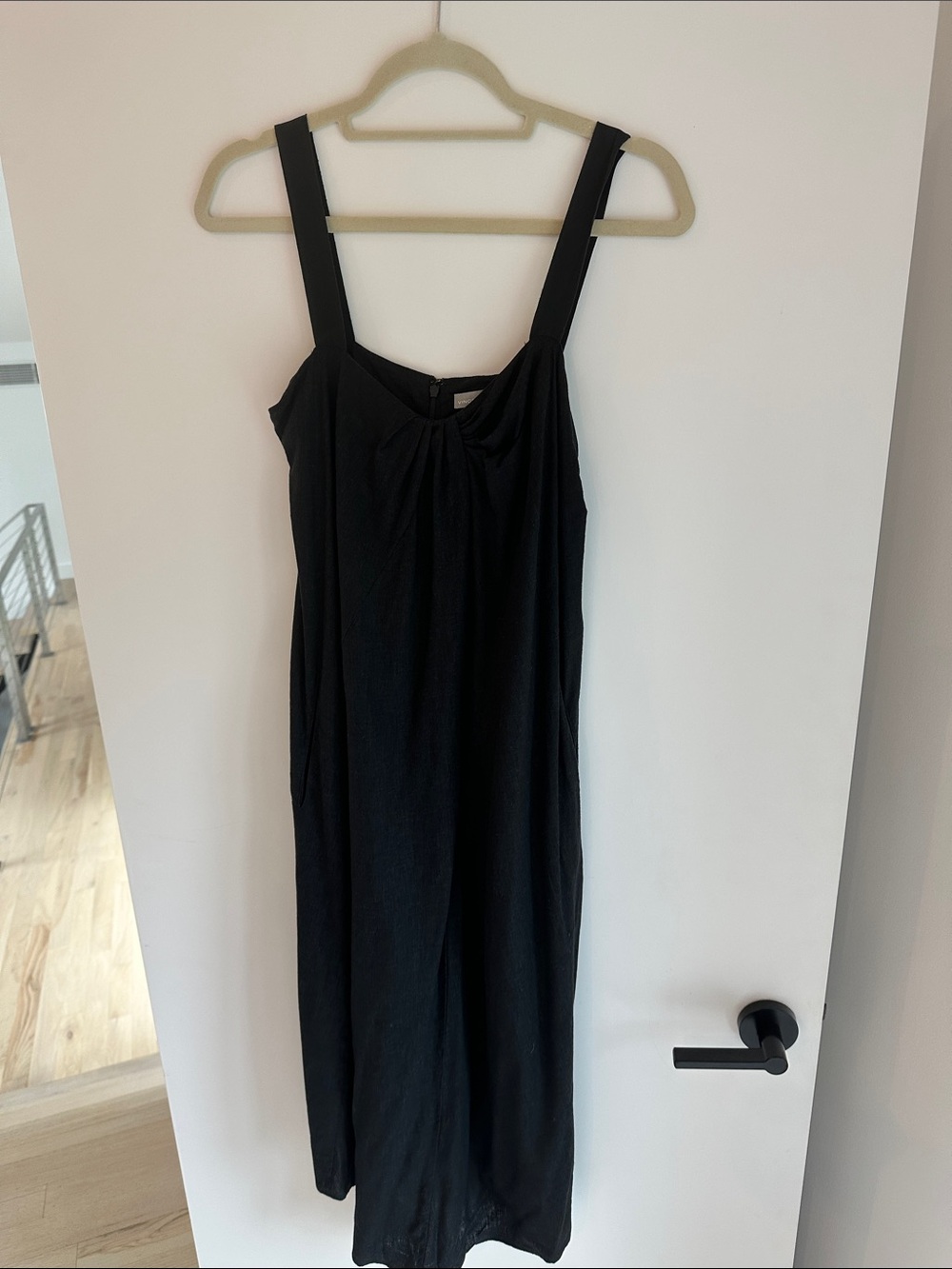 Vince Black Linen Midi Dress with Wide Straps
